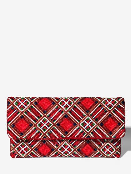 Christmas Plaid Beaded Clutch - La Chic Designs | New York & Company Christmas Plaid, Christmas Bead, Beaded Clutch, Party Look, Holiday Style, Plaid Christmas, Party Looks, Classic Christmas, Free Coloring