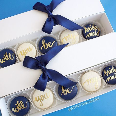 Blue Macaroons, Macaroon Box, Made Of Honor, Edible Gold, Proposal Box, Valentine Cake, Bridesmaid Proposal Box, Colorful Cakes, Bridesmaid Proposal