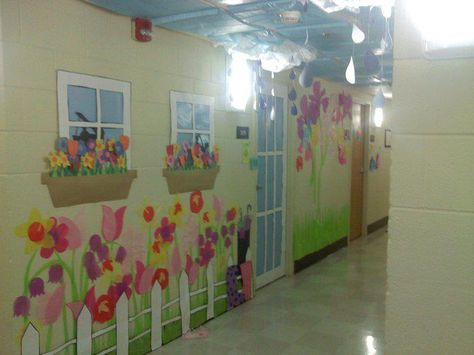 This is my Dorm Room Decor Spring Sophomore  Year. Spring Hallway Decorations School, Spring Office Decorations, Dorm Hall Themes, School Door Ideas, Flower Hallway, Dorm Hallway, Ra Decorations, Hallway Decorations, Classroom Door Decorations