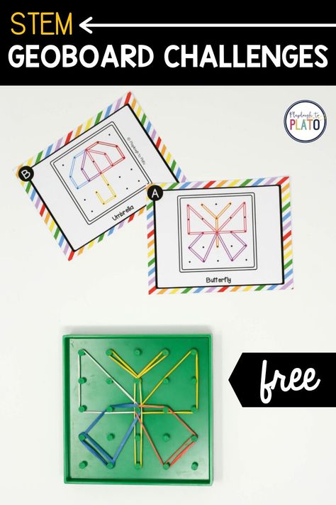 These geoboard STEM challenges are an amazingly simple tool for stretching kids’ design, engineering, and measurement skills. Kids will love building different shapes! These make the perfect STEM and math center activities! #shapegames #STEMcenters Geo Board, Stem Bins, Morning Bins, Stem Centers, Kindergarten Stem, Math Tubs, Playdough To Plato, Morning Tubs, Math Centers Kindergarten