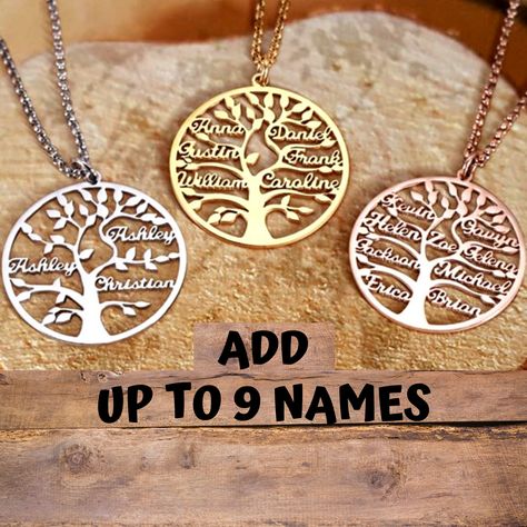 Cherish each family member by placing their name on this tree necklace 🌳  Visit the link below and add the names you like, we will do the rest :-) Tree Name, Jeweled Christmas Trees, Jeweled Christmas, Name Necklace Silver, Personalised Family Tree, Family Tree Necklace, Personalized Mother's Day Gifts, Tree Necklace, Jewelry Tree