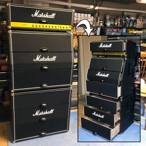 This build took a bit longer to finish than I had originally planned on - but my teenage son loves it, and it looks super cool in his room with all of his guitars and amps.    #marshall #guitar #amplifier #amp #dresser #diy #furniture #mancave #musician Guitar Amp Furniture, Marshall Music, Marshall Guitar, Music Furniture, Music Wall Decal, Dresser Diy, Guitar Storage, Home Music Rooms, Home Studio Ideas