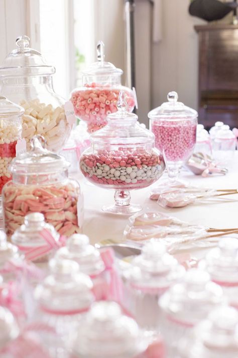 Pink & white candy table! We can recreate this design for you! www.creativeambianceevents.com Check out our blog http://www.creativeambianceevents.com/#!blog/c1nl White Candy Table, Lolly Jars, Buffet Dessert, Lolly Buffet, Sweets Bar, Nautical Chic, Candy Station, Event Solutions, Pink Table