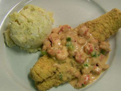 Fried Catfish topped with Crawfish Au Gratin Sauce from FoodNetwork.com Au Gratin Sauce Recipe, Blackened Fish Recipes, Blackened Fish, Crawfish Recipes, Catfish Recipes, Cajun Dishes, Cajun Creole Recipes, Mardi Gras Food, Fried Catfish