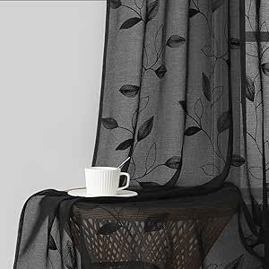 Witchy Curtains, Black And White Boho Living Room, Black Sheer Curtains, Embroidered Leaf, Drapes For Bedroom, Embroidered Leaves, Floral Embroidery Patterns, Drape Panel, Sheer Drapes