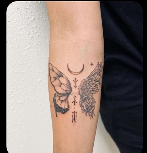 Linework Sleeve, Angel And Butterfly, Angle Wing Tattoos, Seoul Hongdae, Memorial Tattoos Mom, Butterfly Wing Tattoo, Black Flowers Tattoo, Tattoos For Dad Memorial, Tattoo Angel