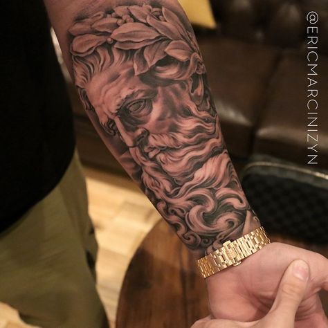 Eric Marcinizyn on Instagram: “I think I have a few hundred hours of beard under my belt at this point, but regardless -- each one is different than the next. This one…” Mythology Tattoos Men, Greek Mythology Tattoos Men, Tattoos Men Forearm, Simple Greek Mythology Tattoos, Gods Tattoo, Payasa Tattoo, Tattoo God, Greek God Tattoo, Atlas Tattoo