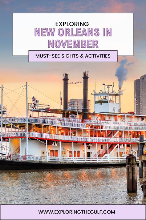 Discover the charm of fall in New Orleans this November. Enjoy warm days, cool evenings, and a city buzzing with culture, music, and culinary delights. With fewer crowds, it's the perfect time to explore historic sites, enjoy the vibrant nightlife, and partake in unique festivals. Experience everything from the French Quarter to the Garden District and make unforgettable memories in NOLA this November. 3 Days In New Orleans, New Orleans Instagram Pictures, New Orleans In November, New Orleans Thanksgiving, New Orleans Fall, Nola Vacation, New Orleans Bayou, November Weather, New Orleans Cemeteries