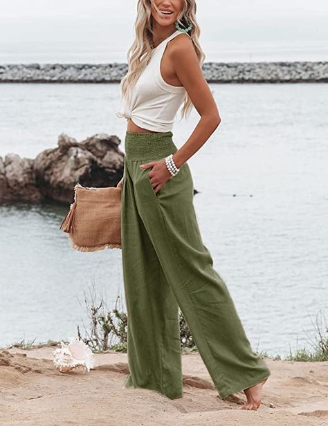 Beach Pants Outfit Summer, Womens Summer Fashion 2024, All White Beach Outfit, Green Flowy Pants, White Wide Leg Pants Outfit, Womens Flowy Pants, Beach Attire For Women, Flowy Summer Pants, Flowy Pants Outfit