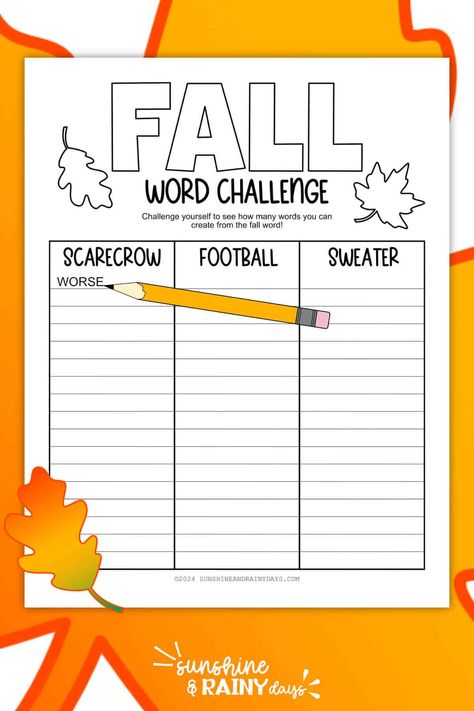 Challenge your vocabulary with this Fall Word Challenge! Using the words scarecrow, football, and sweater, see how many words you can create. Perfect for cozy autumn days! #FallFun #WordChallenge #AutumnActivities Fall Puzzles, Fall Care Package, Diy Care Package, Fall Vocabulary, Autumn Puzzle, Ela Worksheets, Word Challenge, Fall Words, Thrifty Thursday