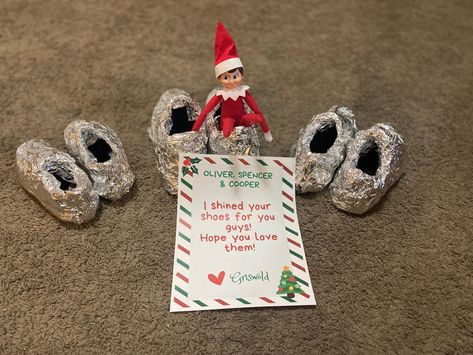 This was very popular with my boys - and it was so easy! I just wrapped some foil around their shoes! Wrap Shoes, Jingle Bells, Elf On The Shelf, Foil, Elf, Christmas