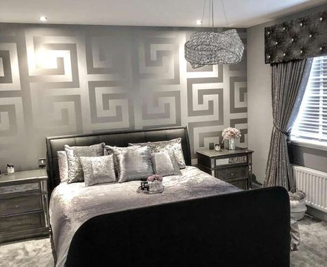 25 Stunning Grey and Silver Bedroom Ideas (with photos) - Aspect Wall Art Stickers Grey And Silver Bedroom, Leaf Bedroom, Silver Bedroom Decor, Wallpaper Decor Bedroom, Versace Wallpaper, Silver Living Room, Silver Bedroom, Wallpaper Soft, Bedroom Minimalist