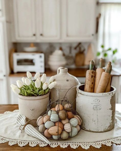 ✽Delightful✾ on Tumblr Crock Decor, Easter Kitchen Decor, Country Deco, Vintage Crock, Counter Decor, Farmhouse Interior, Spring Easter Decor, Vintage Spring, French Farmhouse