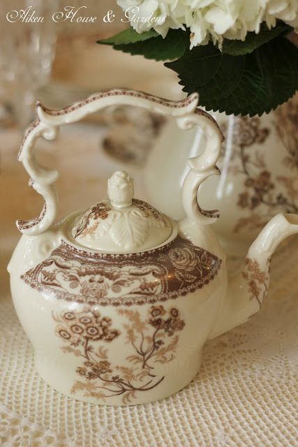 Aiken House & Gardens: Brown & White Transferware Tablescape Transferware Tablescape, Autumn Cottage, House Gardens, Brown Transferware, Good Week, Tea Pots Vintage, Chocolate Pots, Antique China, China Patterns