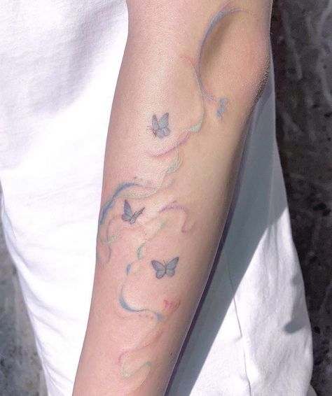 Korean Colored Tattoo, Where To Get Word Tattoos, Light Colored Tattoos, Aura Tattoo Design, Blue Color Tattoo, 999 Drawing, Faded Color Tattoo, Iridescent Tattoo, Purple Ink Tattoo