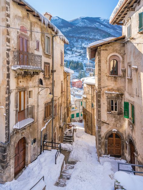 The beautiful Scanno covered in snow during winter season. Abruzzo, central Italy. Italy Winter, Central Italy, Italy Pictures, Best Of Italy, Italy Photography, Italy Aesthetic, Northern Italy, Romantic Travel, Winter Photography