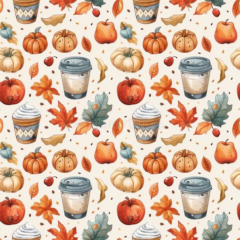 Pumpkin, Leaves, and Coffee Pattern stock photography Fall Coffee Wallpaper, Fall Patterns Wallpapers, Fb Background, Pumpkin Leaves, Coffee Wallpaper, Fall Patterns, Fall Printables, Ipad Art, Autumn Coffee