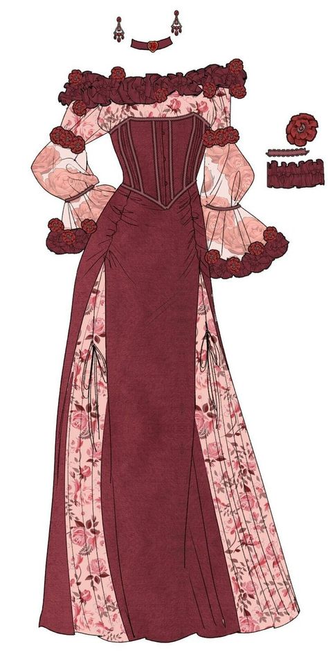 Royal Dress Reference, Royal Dress Drawing Reference, Manhwa Fashion Style, Manhwa Clothes Design, Victorian Clothing Drawing, Old Dresses Drawing, Fantasy Dress Drawing Outfit Ideas, Royal Outfits Drawing, Queen Dress Drawing