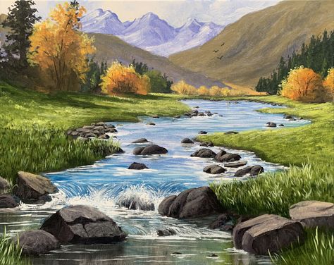 Paint a Stunning Autumn River Landscape in Acrylic Pencil Art Projects, Intermediate Art, Painting Class Ideas, Texture Painting Techniques, Autumn River, Colored Pencil Art Projects, Fall Paintings, Beginner Drawing, Dog Portraits Art