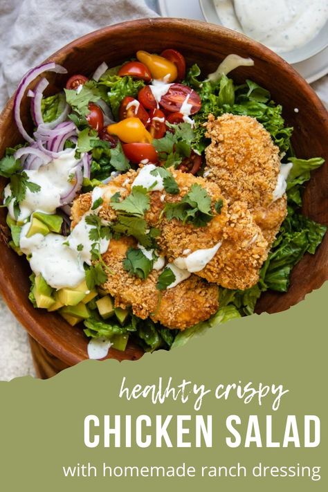 The best healthy chicken salad. Easy, healthy, crispy chicken coated in almond flour and panko. Topped over a green salad with homemade ranch dressing. An easy and hearty salad recipe. Chicken Nugget Salad Recipe, Salad With Chicken Nuggets, Healthy Crispy Chicken Salad, Chicken Nugget Salad, Healthy Crispy Chicken, Best Crispy Chicken, Green Salad With Chicken, Crispy Chicken Salad, 2024 Diet