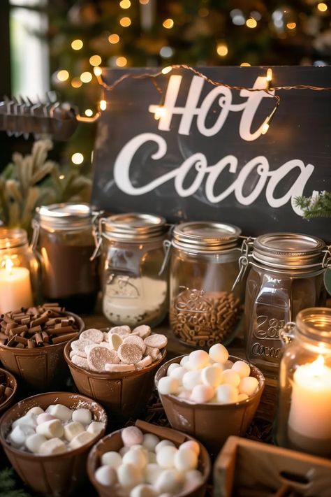 Hot Cocoa Wedding Bar, Fall Wedding Coffee Bar Ideas, Christmas Home Party Decor, Winter Wedding Hot Cocoa Bar, Hot Cocoa Bar Fall, Hot Chocolate Bar Set Up, Winter Hot Cocoa Bar, Soup Bar Wedding, Hot Chocolate Bar For Wedding