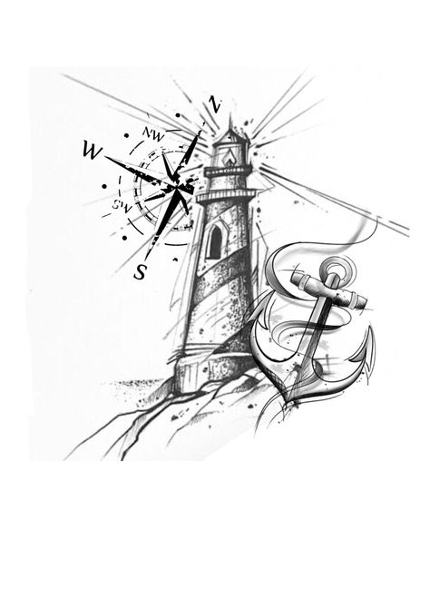 Lighthouse Compass Tattoo, Tattoo Down Spine, Traveling Tattoo, Lighthouse Sketch, Marine Tattoo, Feather With Birds Tattoo, Anchor Tattoo Design, Anker Tattoo, Nerd Tattoo