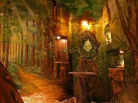 Enchanted Forest Bedroom, Forest Bedroom, Forest Room, Fantasy Bedroom, Decoration Shabby, Tudor Style Homes, Bathroom Themes, Bathroom Red, Hobbit House