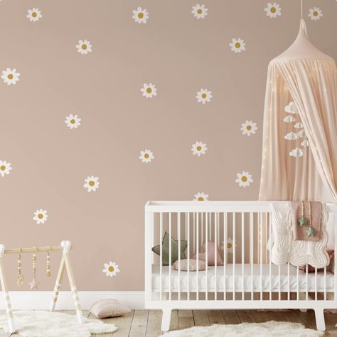 Daisy Wall Decals Nursery, Half Pink Wall Nursery, Daisy Wall Nursery, Daisy Accent Wall Nursery, Daisy Flower Nursery Theme, Painted Flower Accent Wall, Daisy Wallpaper Nursery, Neutral Daisy Nursery, Girl Nursery Wallpaper Accent Wall