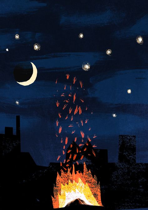 Bonfire Night Illustration by Catherine Pape Bonfire Night Wallpaper, Bonfire Night Illustration, Night Scene Illustration, Summer Night Illustration, Bonfire Night Games, Bonfire Drawing, Bonfire Illustration, October Drawings, Campfire Illustration