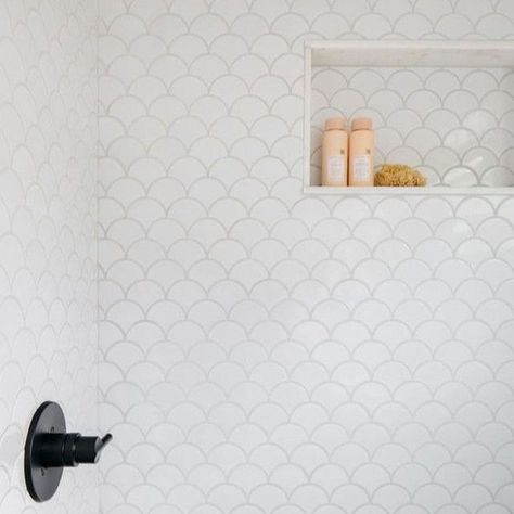 Gosh Scale Tile, Fish Scale Tile Shower Wall, White Mermaid Tile Bathroom, Mermaid Scale Tile, Fish Scale Tile Bathroom Floor, White Fish Scale Tile Bathroom, Scalloped Tile Bathroom, Fishscale Tile Bathroom, Fishscale Backsplash