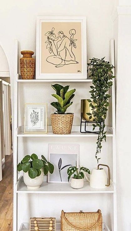 Leaning Shelf Decor, Plants Ladder Shelf, Aesthetic Ladder Shelf, White Ladder Shelf Decor Bedroom, White Ladder Shelf Decor, White Bookshelf Aesthetic, Ladder Bookshelf Decor, Ladder Shelf Living Room, White Bookshelf Decor