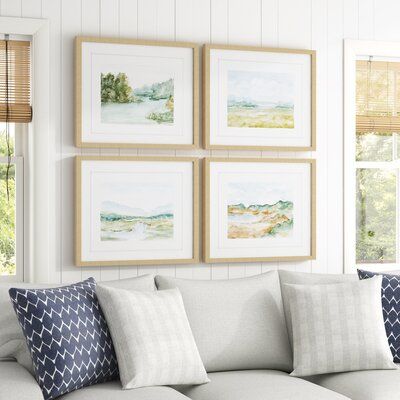 This set of four watercolor prints are great for adding a boost of easy coastal farmhouse style to your walls. They showcase abstract landscapes with lakes, rivers, open plains, and mountains. The green, blue, tan, and white hues are sure to complement your current decor. Each print is set in a white mat with a gold-finished plastic frame for a gallery-worthy look right out of the box. We love these painting prints hung together as a group, or spread throughout your home for a cohesive look.Feat Coastal Farmhouse Style, Picture Gallery Wall, Paper Blue, Watercolor Prints, Abstract Landscapes, Marmont Hill, Coastal Farmhouse, Large Wall Decor, White Mat