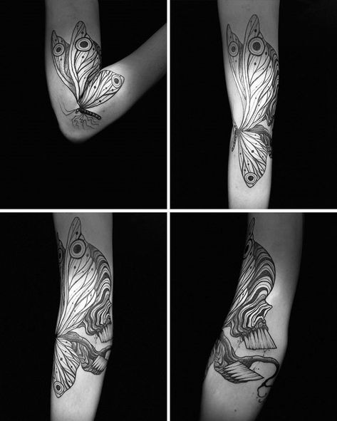 Open Arm Tattoo, Elbow Illusion Tattoo, Creative Moving Tattoo Ideas, Bending Elbow Tattoo, Folding Tattoo Elbow, Elbow Moving Tattoo, Folding Arm Tattoo, Bend Of Elbow Tattoo, Arm Crease Tattoo Women