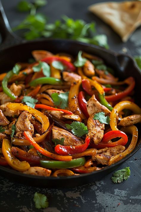 Sizzling fajitas with chicken, bell peppers, and cilantro in a skillet. Bell Pepper Chicken Recipes, Chicken Bell Pepper Recipes, Skillet Chicken Fajitas, Mexican Fajitas, Stuffed Bell Peppers Chicken, Chicken Fajitas Recipe, Easy Skillet Chicken, Flavorful Dinner, Fajitas Recipe