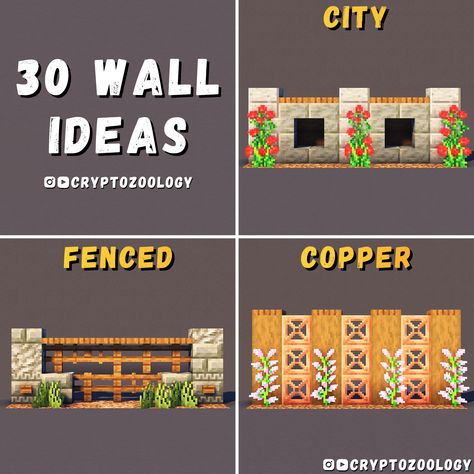 Check out the tutorial for all 30 designs on my YouTube channel! Minecraft 1.21 Builds, Minecraft Walls Ideas, Minecraft Wall Ideas, Minecraft Fence Ideas, Minecraft Wall Designs, Ideas For Minecraft, Minecraft Wall, Rumah Minecraft Sederhana, Minecraft Banner Designs