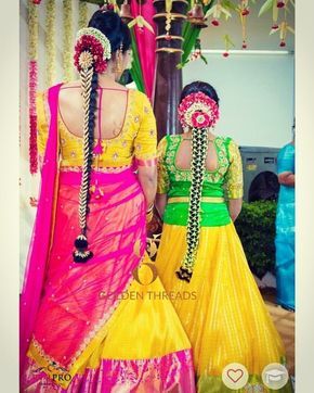 Poola Jada Brides, Jada Models, Pelli Poola Jada, Poola Jada, Bridal Hair Decorations, Bridal Hairstyle Indian Wedding, Beautiful Lehenga, Half Saree Function, Lehenga Saree Design