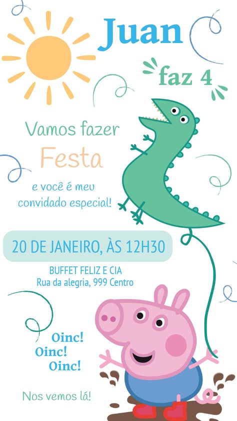 Edítate gratis usando nuestro editor online | Design by FELICITY | Invitación Digital Invitación de cumpleaños de George Pig

¡La invitación Invitación de cumpleaños de George Pig perfecta para tu evento!

Personaliza tu invitación a tu gusto con nuestro editor en línea

Nuestra invitación digital Invitación de cumpleaños de George Pig es totalmente personalizable. Puedes cambiar el texto, la fuente, los colores e incluso agregar fotos. Es fácil de usar y puedes crear la invi Peppa Pig George, Pig Birthday Party, Peppa Pig Birthday Party, Pepa Pig, George Pig, Peppa Pig Birthday, Pig Birthday, Peppa Pig, Online Design