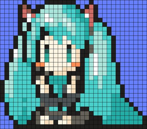 Hatsune Miku Pixel Art Grid, Hatsune Miku Perler Beads, Miku Kandi Pattern, Miku Pixel Art Grid, Miku Bead Patterns, Hatsune Miku Pixel Art, Miku Pixel Art, Miku Kandi, Miku Perler