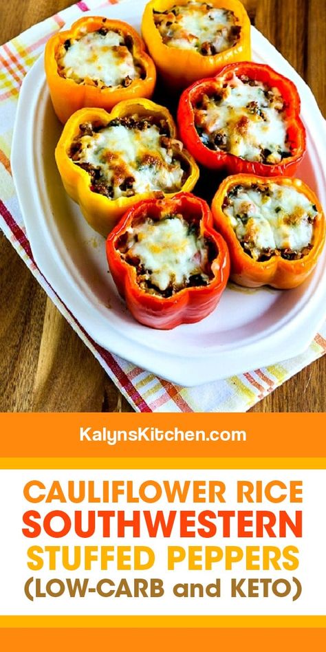 Cauliflower Rice Southwestern Stuffed Peppers are loaded with interesting flavors and this is delicious for a healthy low-carb dinner option! [found on KalynsKitchen.com] #LowCarbStuffedPeppers #SouthwesternStuffedPeppers #StuffedPeppers #CauliflowerRiceStuffedPeppers Low Carb Stuffed Peppers, Cauliflower Recipes Healthy, Stuffed Peppers With Rice, Keto Stuffed Peppers, Stuffed Peppers Turkey, Healthy Low Carb Dinners, Low Glycemic Diet, Healthy Dinner Options, Low Glycemic Foods