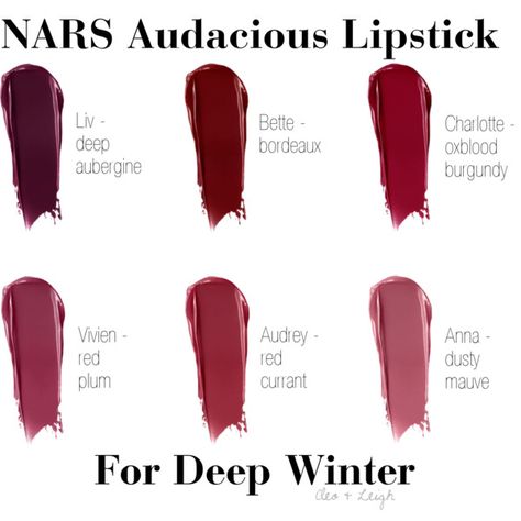 NARS Audacious Lipstick - Deep Winter Lip Color For Fair Skin, Winter Lipstick Colors, Winter Skin Tone, Color For Fair Skin, Winter Lipstick, Spring Lipstick, Deep Winter Palette, Nars Audacious Lipstick, Deep Winter Colors