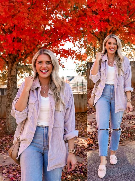 Lavender Top Outfit Jeans, Purple Shacket Outfit, Corduroy Shacket, Lavender Shirts Women, How To Style Corduroy Jacket, Purple Jacket Outfit Winter, Lavender Denim Jacket Outfit, Pink Corduroy Shacket Outfit, Lilac Denim Jacket Outfit