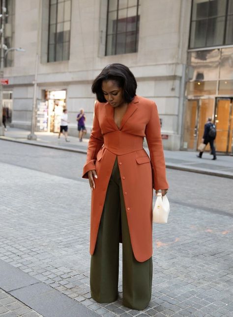 High Fashion Fall Outfits, Orange Office Outfit, Chic Conference Outfits Women, False Collar Outfit, Midsize Formal Outfit, Professional Dress Outfits, Classy Black Women Outfits, High Fashion Tops, Dress Blazer Outfit