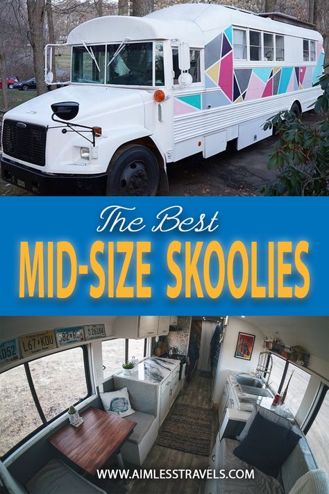 Best mid-size skoolie conversions for your inspiration! Medium buses fall between 25ft-35ft, making them the perfect size! Mid Size Skoolie Floor Plan, Medium Bus Conversion, Bus Renovation, Pre Built Cabins, School Bus Tiny House, School Bus House, Bus Ideas, Bus Conversions, Rv Bus