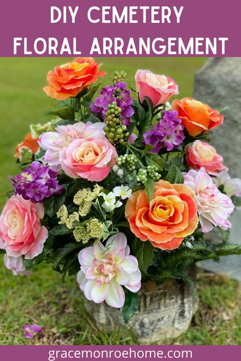 Grave Floral Arrangements, Making Flower Arrangements For Cemetary, Cemetary Flowers Grave Decorations Vase, Flower Arrangement For Grave Site, Decorating Graves Cemetery Ideas, Floral Arrangements For Cemetery, How To Make Flower Arrangement For Grave, Flowers For Gravesite Diy, Artificial Flower Arrangements For Grave