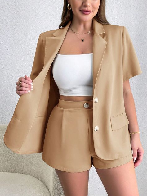 Plus Size Blazer & Shorts Suit Set Khaki Casual    Plain  Slight Stretch  Women Plus Clothing, size features are:Bust: ,Length: ,Sleeve Length: Plus Size Suits, Plus Size Blazer, Blazer And Shorts, Short Suit, Suit Set, Plus Clothing, All Fashion, Fashion Inspiration, Length Sleeve