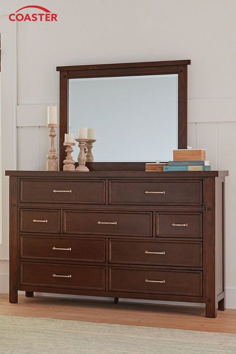 This dresser is the sleekest way to maximize your storage space. Our nine drawer dresser has room for everything you want to store away. Use the store locator to find where Coaster products are sold near you. Noir Design, Wood Bedroom Sets, Eastern King Bed, King Storage Bed, Classic Table Lamp, Solid Wood Dresser, Rustic Mirrors, Inexpensive Furniture, Classic Table