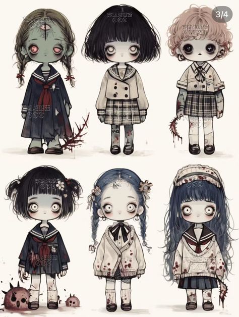 Cute Figures Drawing, Doll Hair Drawing, Scary Doll Drawing, Creepy Girl Drawing, Creepy Doll Drawing, Doll Character Art, Doll Art Drawing, Cute Horror Art, Spider Character Design