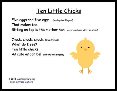 Ten Little Chicks:  I love this cute rhyme! Chicken Song, Easter Speeches, Easter Songs, Circle Time Songs, Kindergarten Songs, Classroom Songs, Songs For Toddlers, Farm Preschool, School Songs