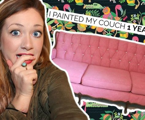 WHAT YOU NEED TO KNOW BEFORE YOU PAINT YOUR COUCH (UDPATE+FAQ) Diy Rag Curtains, Chalk Painted Sofa, Couch Redo, Painted Couch, Dark Couch, Corduroy Couch, Rag Curtains, Couch Makeover, Customised Sofa