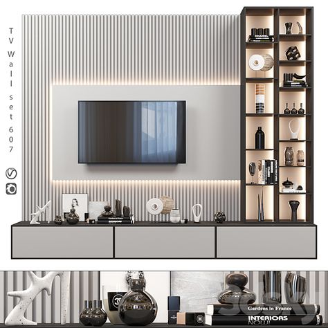 TV Wall | set 607 - TV Wall - 3D model Tv Panel Ideas, Led Tv Panel, Luxury Interior Design Living Room, Tv Room Decor, Modern Tv Room, Modern Tv Unit Designs, Marble Flooring Design, Tv Unit Furniture Design, Cozy Interior Design